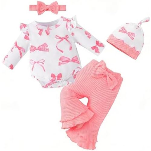 Preemie Newborn Baby Girl Clothes Cute Baby Girl Winter Outfits Gifts Infant Romper Bell Bottoms Pant Bow Headband Sets