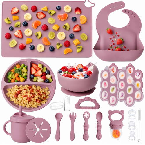 iiidol 19 Pcs Silicone Baby Feeding Set Eating Essentials for Newborn Toddler Plates and Bowls Set with Bib Sippy Cup Fruit Feeder Freezer Tray Fork & Spoon Infant Led Weaning Supplies Utensils