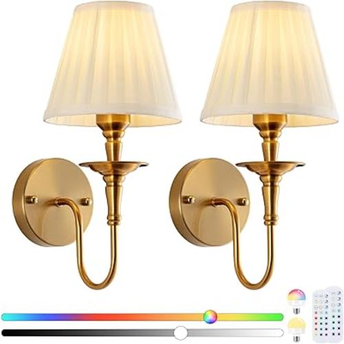 EIDISUNY Vintage Wall Sconces, Wireless Wall Sconce Set of 2 with RGB Rechargeable Dimmable Bulbs, Brass-Color Battery Operated Wall Sconce with Remote for Bedroom, Living Room, Hallway