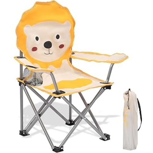 XMT Kids Folding Chair with Cup Holder - Portable Lightweight Outdoor & Indoor Chair for Children Ages 3-9, Anti-Slip Base, Sturdy Metal Frame, Compact Foldable Design with Carry Bag (Yellow/Brown)