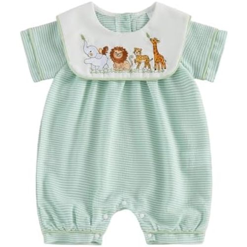 Newborn Outfits Baby Boy Clothes Summer Short Sleeve Sailorcollar Safari Wild Animal Stripe Romper Jumpsuit