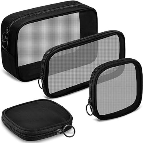 Weewooday 4 Pcs Mesh Makeup Bag Mesh Cosmetic Bag Travel Toiletry Pouch with Zipper Mini Makeup Cosmetic Purse for Daily Accessory(Small, Large, Medium,Black)