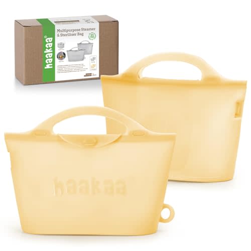 Haakaa Silicone Microwave Steamer & Steriliser Bag,70oz/2000ml Large Capacity Reusable Steaming Bags for Baby Bottles,Breast Pump/Accessories/Pacifiers/Teethers,Great for Home&On-The-Go,Pineapple/2PCS