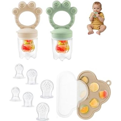 Baby Popsicle Molds & Food Feeder Set, Baby Fruit Feeder for Infant Teething Relief & Safe Infant Self Feeding 4 Months+ Starting Solids for Essentials (Green+Beige)