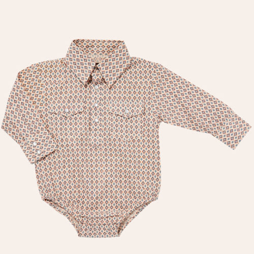 Rafter C Infant Boys' Cream Geo Print Long Sleeve Pearl Snap Onesie | Cavender's