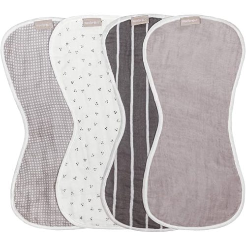 WeeSprout Unisex Organic Towel Cotton Burp Cloths, Set of 4, Four Ultra-Absorbent Layers Keep Clothes Dry, Button Transforms into Baby Bib, Machine Washable & Dryer Safe (Neutral Set, Full)