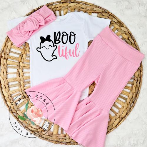 Baby girl first halloween outfit pink, bootiful ghost shirt, newborn halloween, baby boo tiful ghost shirt, flare pants, bell bottom pants