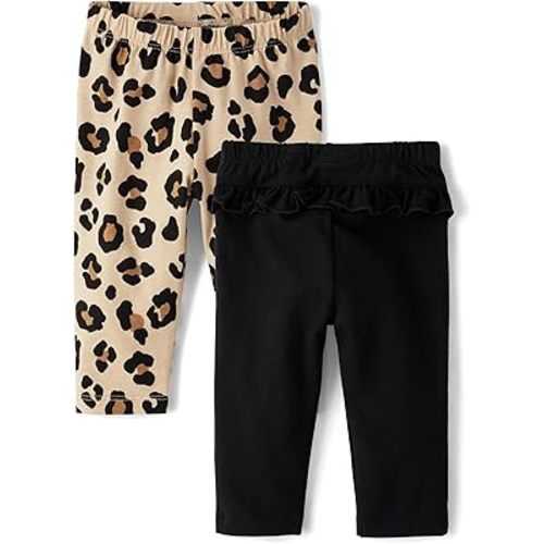 The Children's Place,Baby Girls,and Newborn Knit Pull On Pants,Leopard/Black Ruffle 2-Pack,3 Months,6 Months