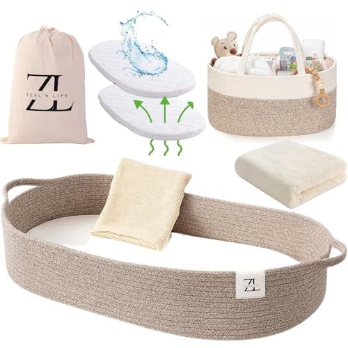 Moses Basket by ZEAL'N LIFE, Moses Baskets for Newborn, Baby Changing Basket with Baby Blanket, Washable Waterproof Pad Covers, Diaper Basket, Tote Bag, Portable Changing Pad, Diaper Changing Basket