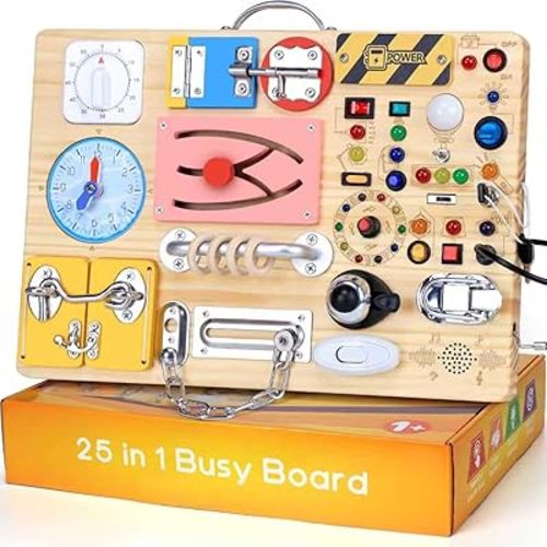 25 in 1 Busy Board with 13 LED Light Switches and 12 Activity, Montessori Toys for 1 2 3 Years Old, Wooden Sensory Board, Toddlers Travel Toys for 1+ Year Old Boy & Girl Birthday Gift（Extra-Large）