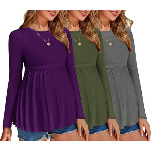 Ekouaer Maternity Shirts 3 Pack Pleated Long Sleeve Tops Pregnancy Clothes | Tunic Casual, Fashion Pregnant Clothes, Casual Winter Wear, Buttery Soft, Skin-Friendly Feel