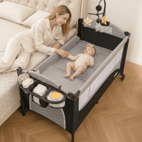 Olakids Baby Crib and Bassinet Combo, 5-in-1 Convertible Playard, Diaper Changer, Mattress, Travel Bag