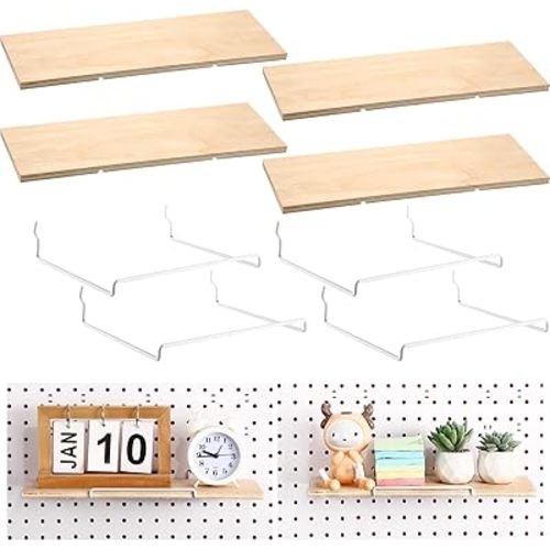 4 Pcs Wooden Pegboard Shelves with Metal Pegboard Shelf Brackets Peg Board Display Storage Tray Wall Organizer Peg Board Accessories for Craft Room Home Kitchen (Brown,13.78 x 5 Inch)
