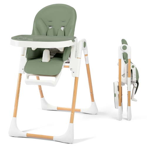 AILEEKISS Foldable High Chair for Baby, Toddler Eating Chair with Detachable Double Trays, Natural Green