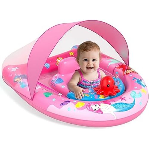 Sunrad Baby Pool Float with Canopy UPF50+ Sun Protection, Inflatable Baby Swim Float with Toy Play Console & Adjustable Safety Seat, Toddler Infant Pool Floaties for 6-36 Months