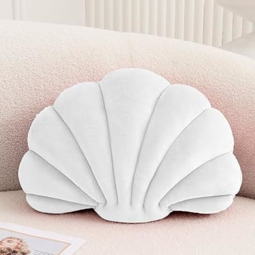 Seashell Decorative Pillow Shell Shaped Throw Pillow 3D Insert Beach Pillow Soft Velvet Pillow Sea Ocean Decoration Couch Bed Pillow Cushions(White,18 X 13 inch)