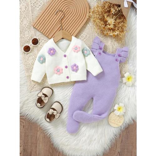SHEIN Vintaside Kids Baby Girl Exquisite Sweater Set, Hand-Crocheted 3D Floral Jacket Paired With Ruffled Suspender Romper, Newborn Exclusive, Completed With Sweet Headband For Warm And Fashionable Baby Care | SHEIN USA