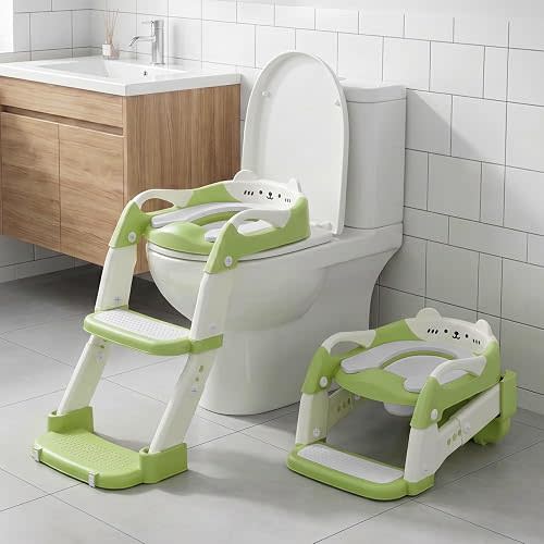 Snugzy Potty Training Seat 3-in-1 Toddler Foldable Potty Training Toilet with Step Stool Adjustable Potty Chair with Urinals (Green)