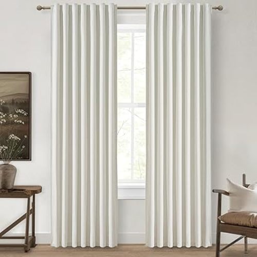 Beige White Cute Blackout Curtains 84 Inches Long 2 Pack, Insulated Sliding Door Curtain UV Heat Blocking Drapes for Living Room/Bedroom Faux Linen Ceiling Pins Hooks&Back Tab(W50 x L84)
