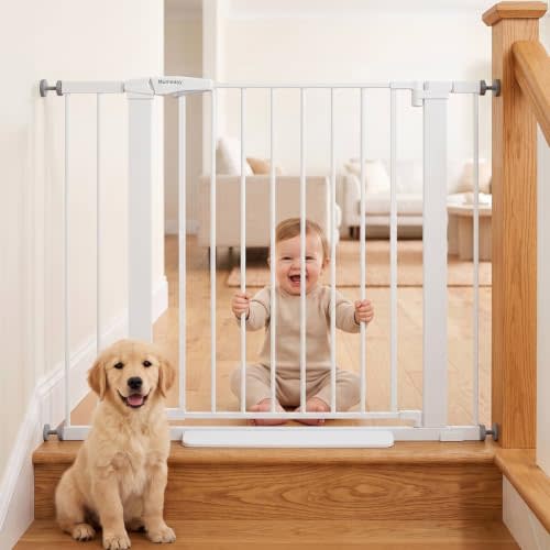 Mumeasy 29.7-40.6" Baby Gate for Stairs, Auto Close Dog Gate for Doorways | Pressure Mounted No Drill Prt Gate with Walk-Thru Door, Double Lock, One-Hand Operation, 30'' Tall for Kitchen/Indoor, White