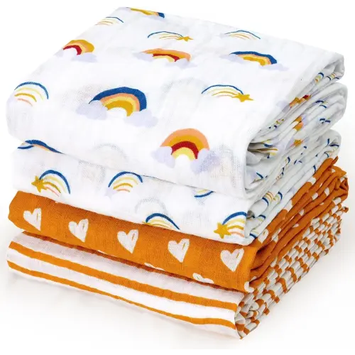 david's kids 4 Pack Baby Muslin Swaddle Blankets, 100% Cotton and Ultra Soft Breathable Receiving Blanket Wrap for Boys Girls, New Born Essentials, Large 47 x 47 inches, Rainbow