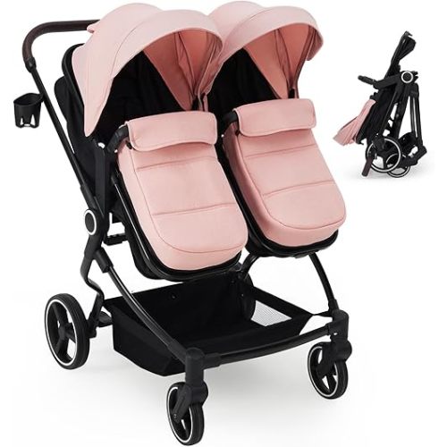 GarveeLife Side by Side Double Stroller for Twins, Lightweight Compact Foldable Baby Travel Stroller with High Landscape Seat, Adjustable Canopy & Recline for Infant and Toddler, Pink