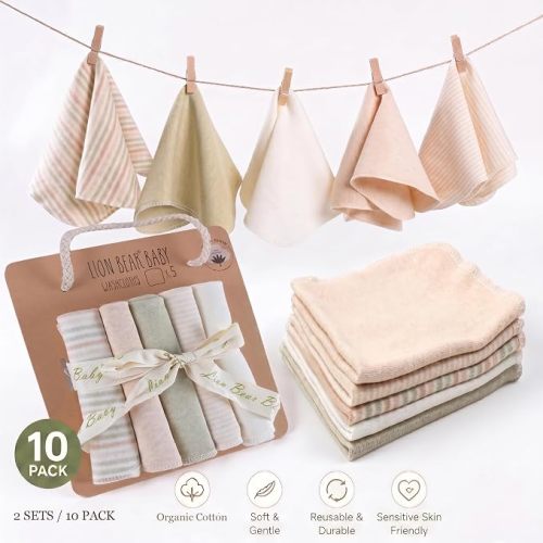 10-Pack Baby Washcloths, Organic Cotton Baby Infant Washcloths, Multicolor