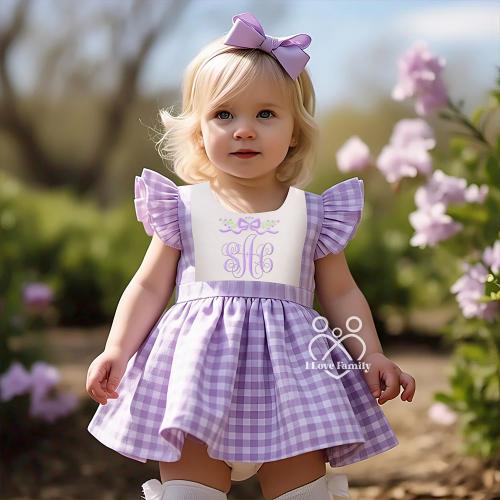 Coquette Monogram Dress Bishop Style Gingham Dress For Baby Toddler Kids Gift Preppy Grandmillennial Floral Embroidery Spring Summer Dress