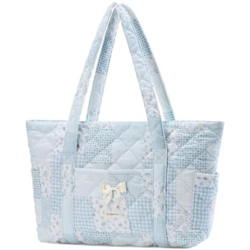 Quilted Tote Bag for Women, Quilted Floral Tote Bags with Zipper, Cute Bow Cotton Patchwork Shoulder bag for Daily