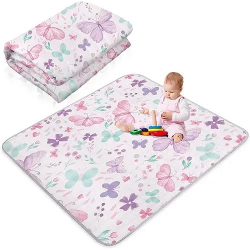 Funtery 43 x 43 Inch Boho Baby Play Mat Portable Crawling Washable Foldable Tummy Time Non Slip Baby Floor Large Playpen Mat for Infants Toddlers Floor Playpen Activity(Butterfly)
