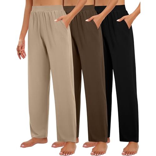 Huukeay 3 Pack Women's Lounge Pants Cozy Sweatpants | Loose Athletic Wide Leg Lightweight Pants, Stretch Elastic Waist Bottoms, Pull On Slacks with Pockets, Yoga Workout Clothes
