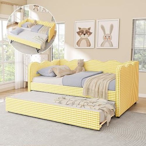 Twin Size Daybed with Pop Up Trundle, Linen Gingham Twin to King Daybed with USB Ports, Upholstered Day Bed Frame, Modern Sofa Bed for Living Room/Bedroom/Guest Room, No Box Spring Needed, Yellow