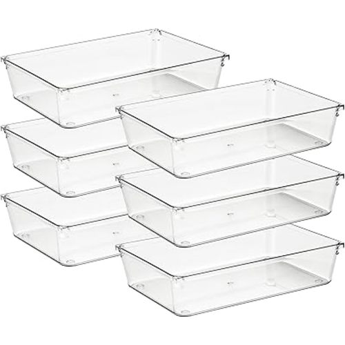 Ravinte 6 Pack Drawer Organizer - 6" X 9" Plastic Storage Bins, Acrylic Organizers with Non-Slip Pads Clear Desk Storage Tray for Makeup, Jewelries, Kitchen Utensils, Bathroom and Office