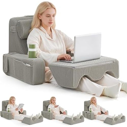 Reading Pillow for Bed, Back Pillow for Bed Sitting Up, Bed Pillows for Sitting Up with Adjustable Armrests, Cup Holder & Large Pocket, Backrest Cushion for Reading, Watching TV & Playing Games