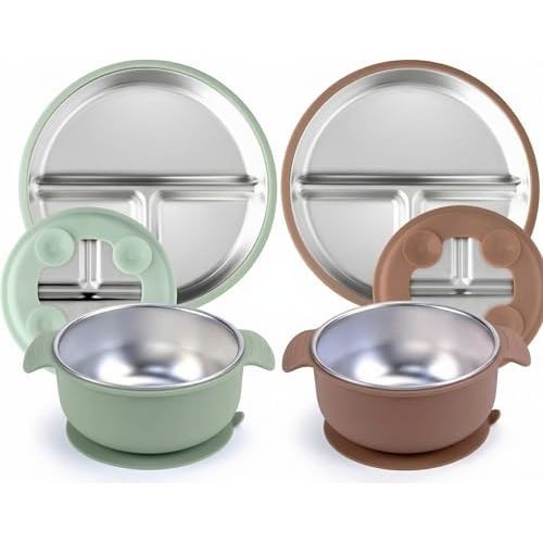 4-Piece Stainless Steel Baby Feeding Set - 2 Suction Divided Plates & 2 Suction Bowls with Handles, Removable Silicone Sleeves, Non-Toxic Toddler Dishes (Mocha Mousse & Sage Green)