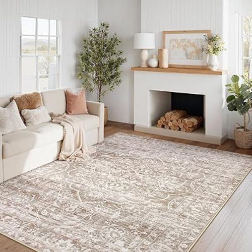Lahome Neutral Rug 5x7 Washable Area Rugs for Living Room, Beige Vintage Boho Low Pile Large Rugs for Bedroom Foldable Carpet for Dining Room Office (Taupe, 5'X7')