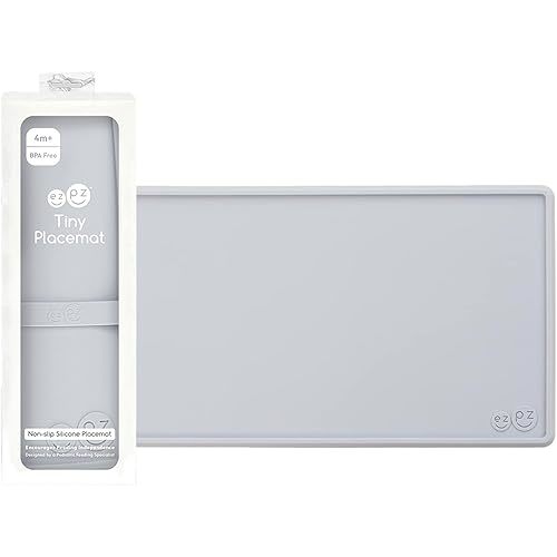 ezpz Tiny Placemat (Pewter) - 6 Months+ - Non-Slip, 100% Silicone Placemat for Infants and Toddlers - Fits on Most Highchair Trays - Rolls-Up - Baby Led Weaning Supplies