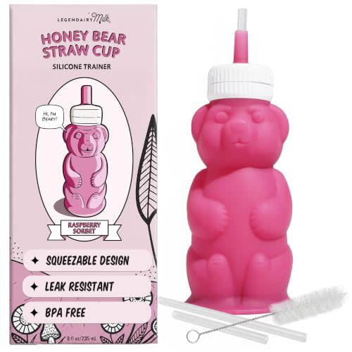 Legendairy Milk Honey Bear Straw Cup for Baby & Toddler, Silicone Squeeze Training Straw Cup, Leak Resistant Baby Sippy Cup with Straw, BPA Free, Dishwasher Safe, Bottle Transition, 8 oz, Pink