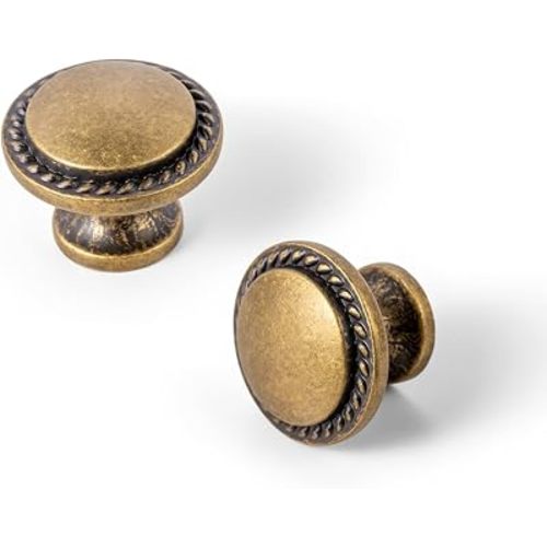 Antique Brass Cabinet Knobs, 1 Inch Round, Set of 12, Wheatear Border