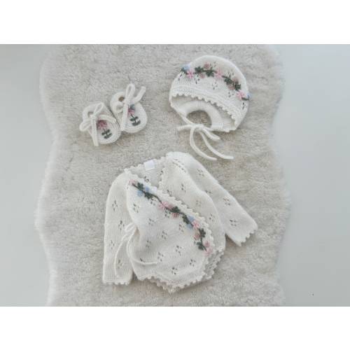 Angora Baby Romper Set – Floral Bonnet & Booties, Newborn Outfit