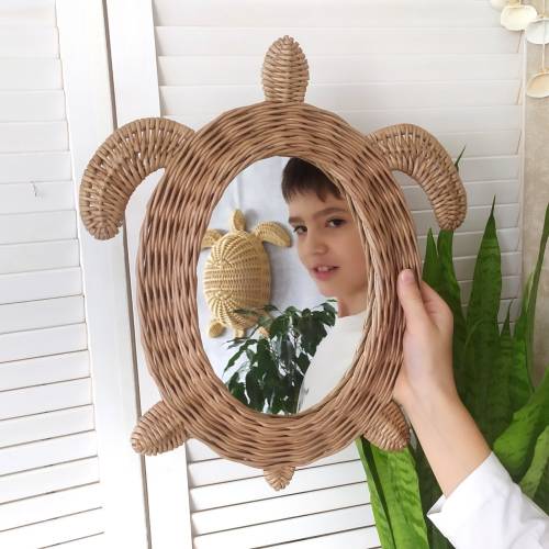 Oval mirror hanging on the wall, Mirror turtle wicker hanging decor, Wicker nautical wall decor, Beach house decor