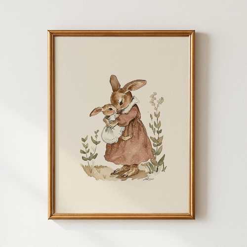 Bunny Nursery Wall Art | Neutral Baby Girl Rabbit Nursery Decor | Beatrix Style Bunny Illustration