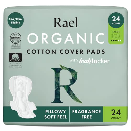 Rael Organic Cotton Cover Pads - Heavy Absorbency, Unscented, Ultra Thin Pads with Wings for Women (Large, 24 Count) | Ultra Thin Period Pads with Wings, Large Absorbency, Unscented, Chlorine Free, Period Essentials, Feminine Care