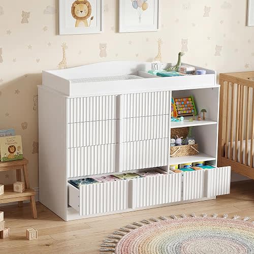 DTK Changing Table Dresser, Baby Dresser with Changing Table Top, Nursery Dresser with 4 Drawers and Shelves, Wood Changing Table with Storage, Diaper Changing Station for Nursery