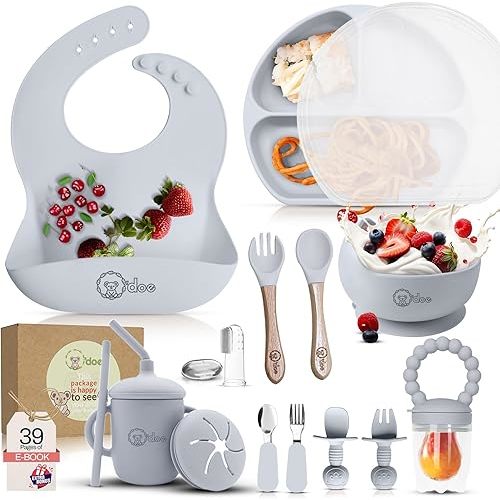 O'doe 17-Piece BPA-Free Silicone Baby Feeding Set | Thick & Soft Suction Plates, Baby Bowls, Wooden Fork & Spoon, and More | Make Mealtime Fun and Easy for Your Little One (Grey, V2)