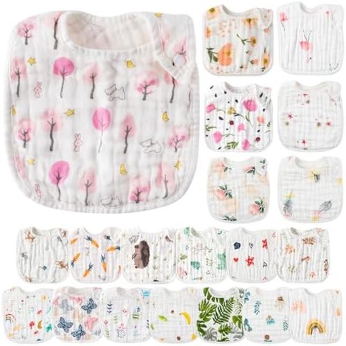 Zainpe 20Pcs Snap Muslin Cotton Baby Bibs Soft Absorbent Adjustable Burp Cloths for Newborns Drooling Feeding Teething Eating