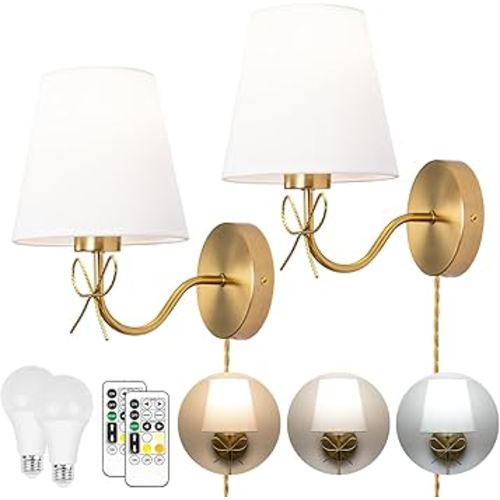 TREELAND Antique Brass Bow Wall Sconces with 110V Dimmable Remote Bulb, 3 Color Tempture, Timmer Function, Hardwire or Plug-in Cord Set of Two Vintage Gold Wall Lamp Light for Bedroom Living Room