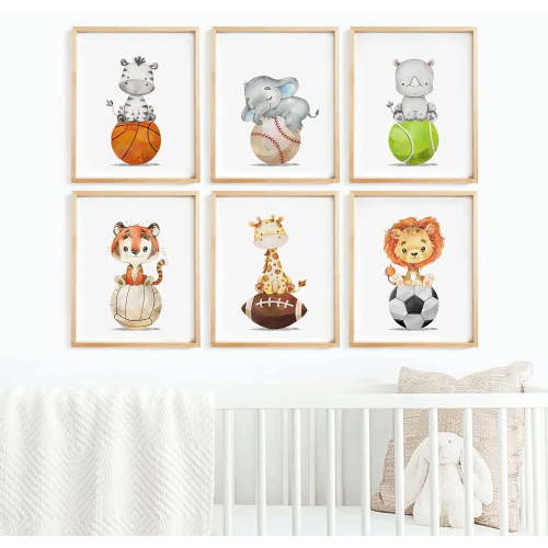 Baby Boy Wall Art Nursery Sports Decor Safari Animal Canvas Wall Art Woodland Baby Boy Room Poster Prints Nursery Artwork Pictures for Bedroom 8x10 set of 6 Inch UNFRAMED