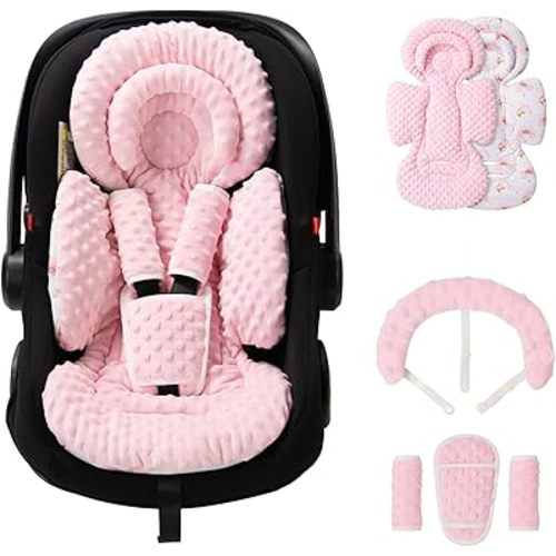 TinlyFinly Infant Car Seat Insert with Extra Cushion for Preemie to Toddler, Reversible Newborn Carseat Insert for Baby Head Body Support, Fits for Stroller, Baby Swing, Bouncer - Dots, Pink