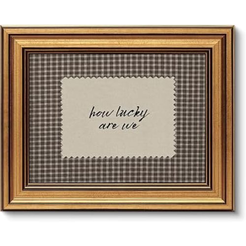 Gold Framed Wall Art, How Lucky Are We Canvas Prints, Rustic Brown Gingham Picture Wall Decor, Funky Preppy Stripe Quotes Artwork for Bedroom Dorm Apartment 9x11 inch